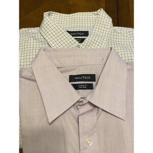 (2) Nautica Non Iron Shirt 17.5 34/35 Purple White Plaid Button Up Long Sleeve